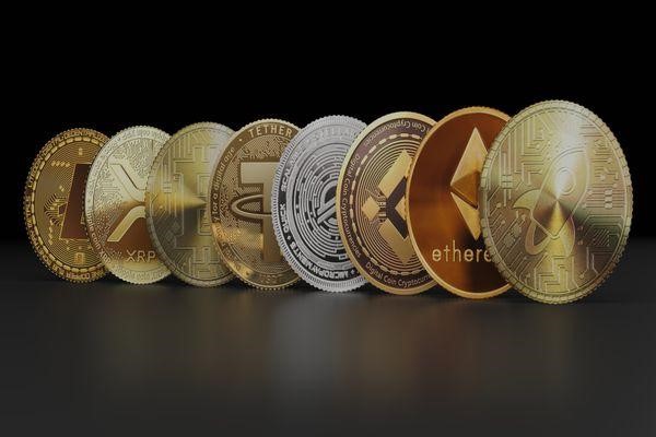 Altcoins and cryptocurrency coins representing the digital asset market and blockchain technology