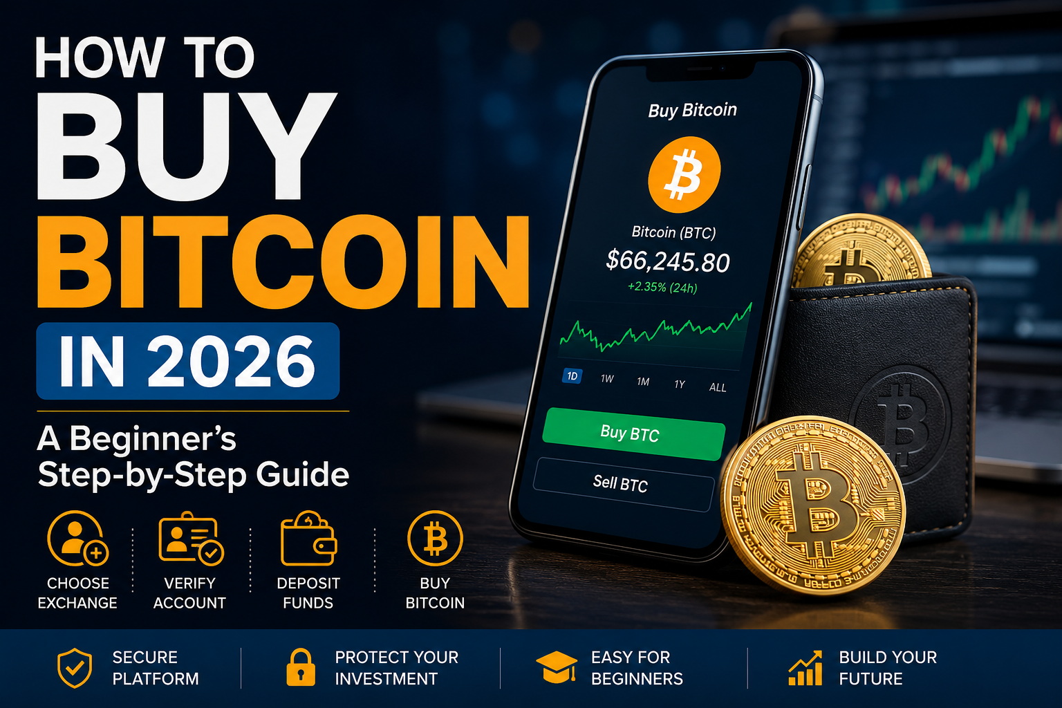How to Buy Bitcoin in 2026 beginner's step-by-step guide with Bitcoin wallet and cryptocurrency exchange illustration