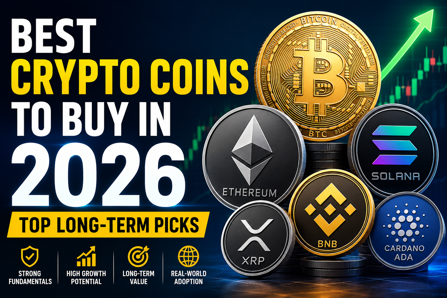Best crypto coins to buy in 2026 featuring Bitcoin, Ethereum, Solana, BNB, XRP, and Cardano with growth chart background