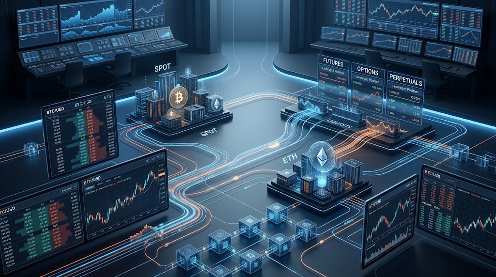 crypto market structure showing spot markets, derivatives, and liquidity flows